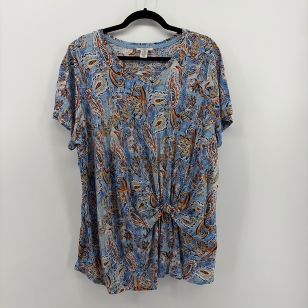Westbound Woman Blue‎ Paisley Print Twist Front Short Sleeve Tunic Top Plus 3X